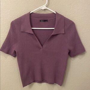 Embroidered Hearts Purple Cropped Polo Short Sleeve Sweater